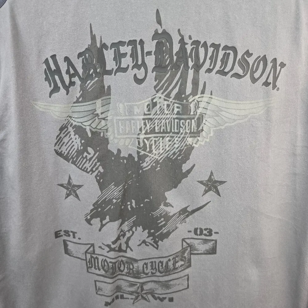 Harley-Davidson XL Gray Button Front Work Shirt Eagle Graphic Short Sleeve Biker